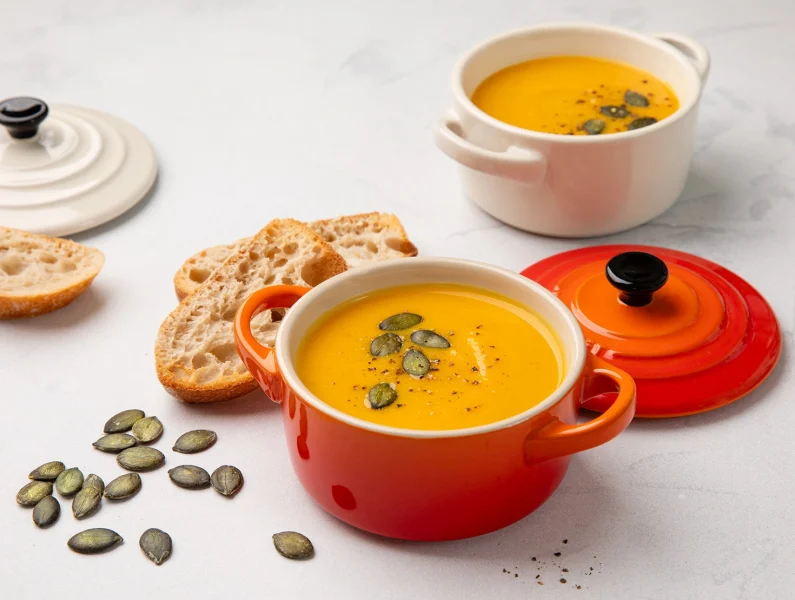 duas tigelas de creme de abóbora fumegante numa mesa aconchegante